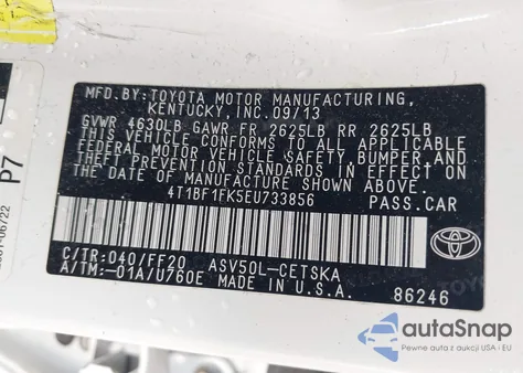 2014 Toyota Camry Se z USA, uszkodzony, nr VIN 4T1BF1FK5EU733856